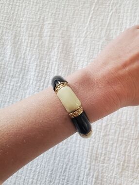 Stretchy Black and Cream Resin Bangle Bracelet with Gold Accents
